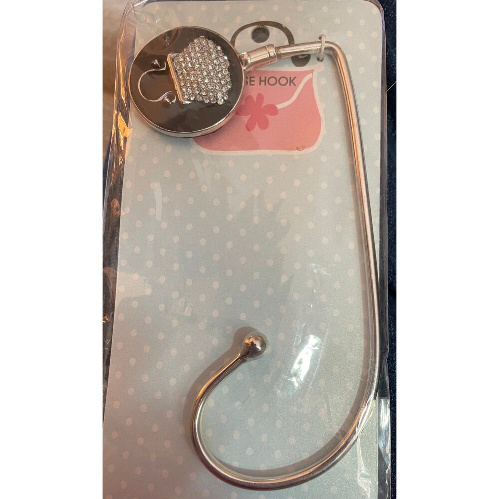 Purse‎ holder hook silver with rhinestone purse accent.